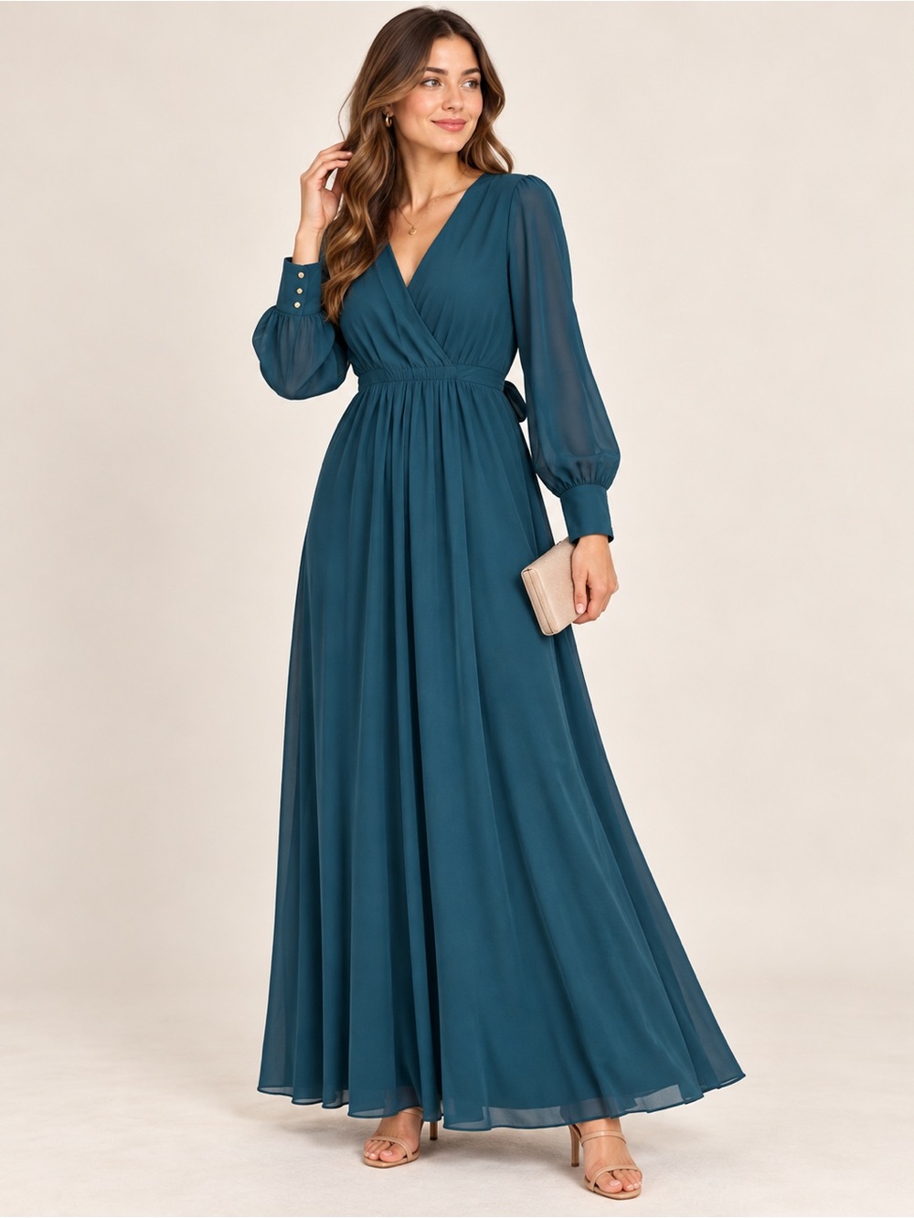Baltic Born Teal Maxi Wrap Dress with Sheer Long Sleeves